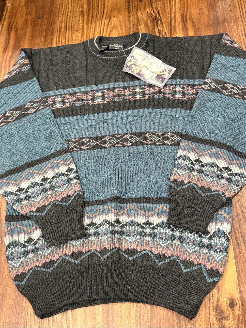 Vintage 90s Kennington Italia Geometric Knit Grandpa Sweater Mens Large NWT